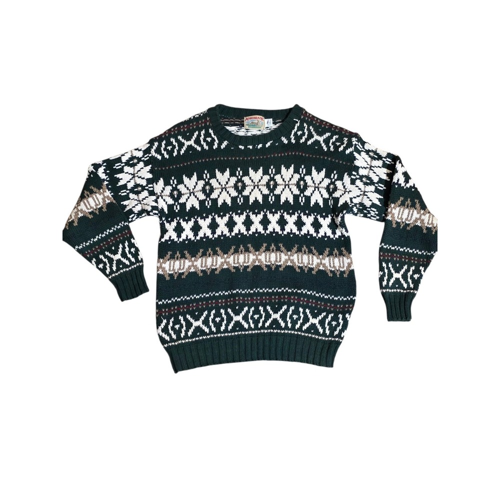 Adirondack Men's‎ Fair Isle Knit Sweater Green White Winter Pullover Size M B28